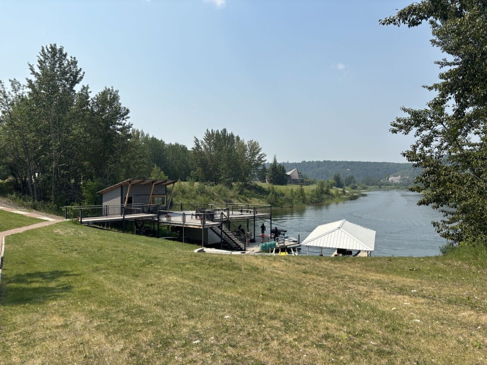 The Shalom Park dock and tournament centre looking down the 2,100-foot lake toward the river valley