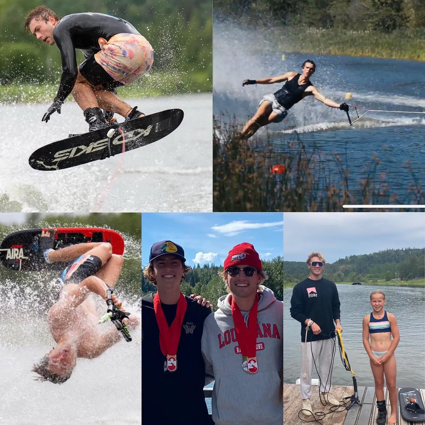 A collage of people in the water with medals.